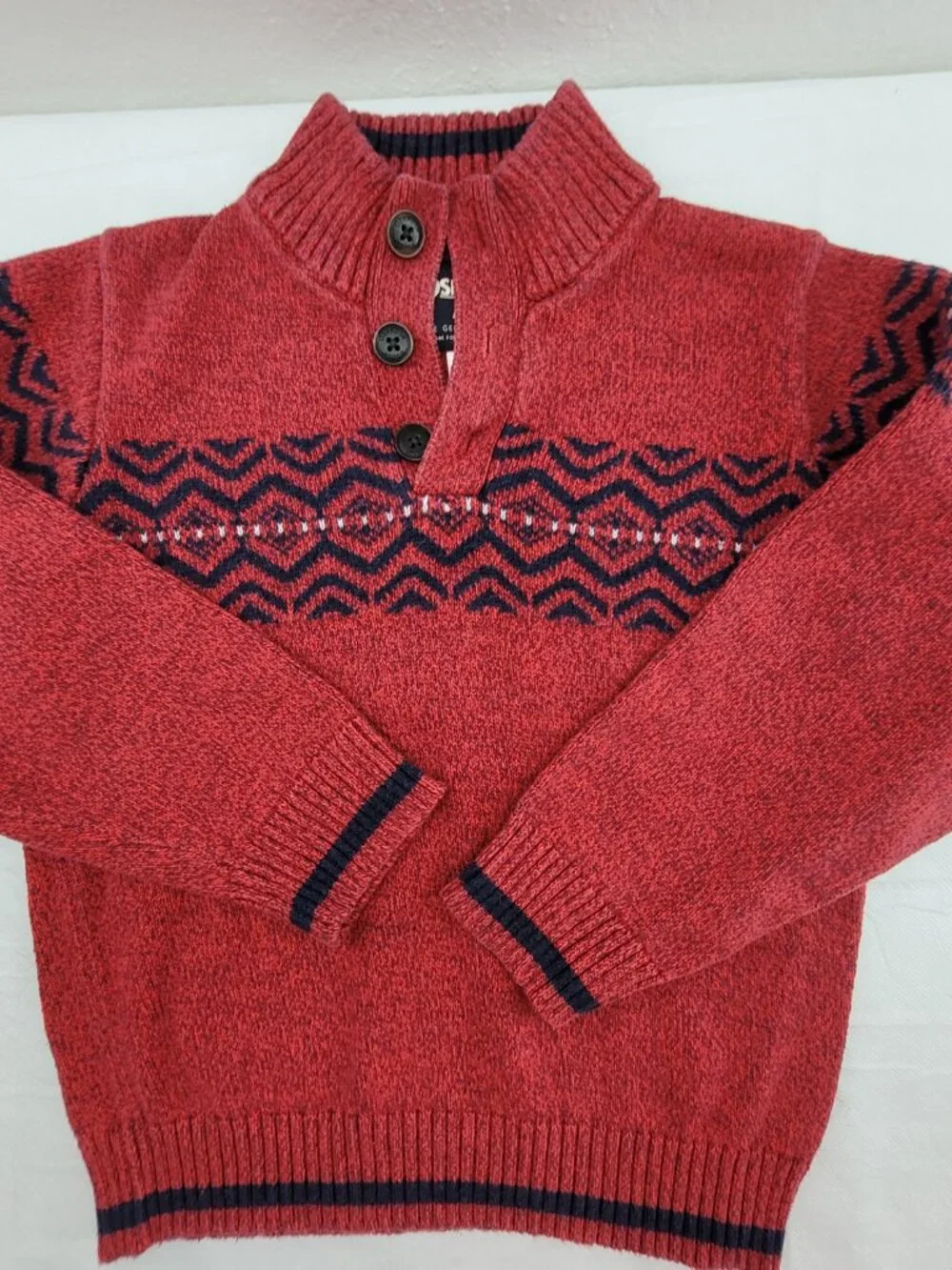 Vintage OshKosh Sweater Boys 8 Red 100% Cotton Knit Fair Isle Button Mock Neck